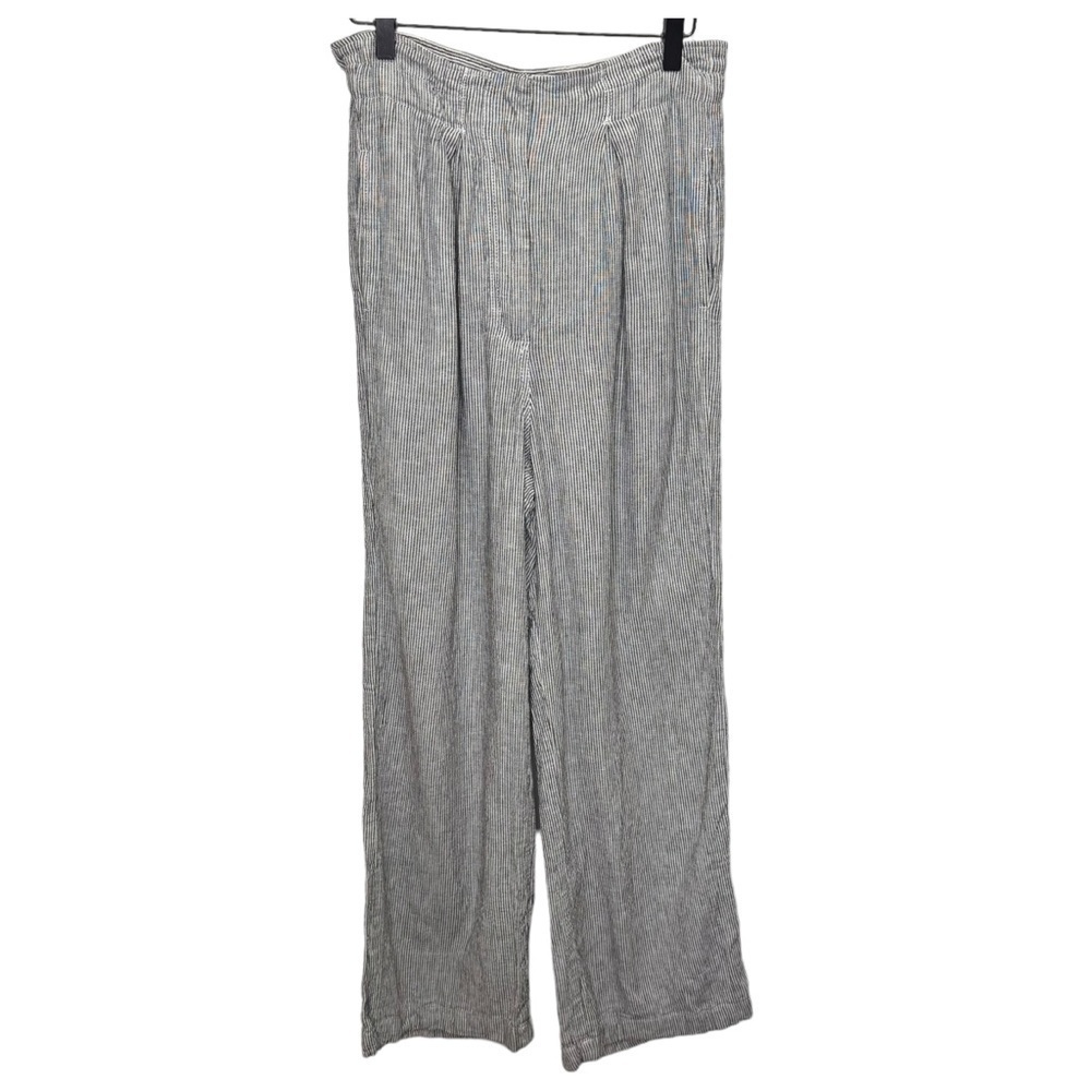 Max Studio Pants Linen Black & White Striped Pockets Adjustable Size 27